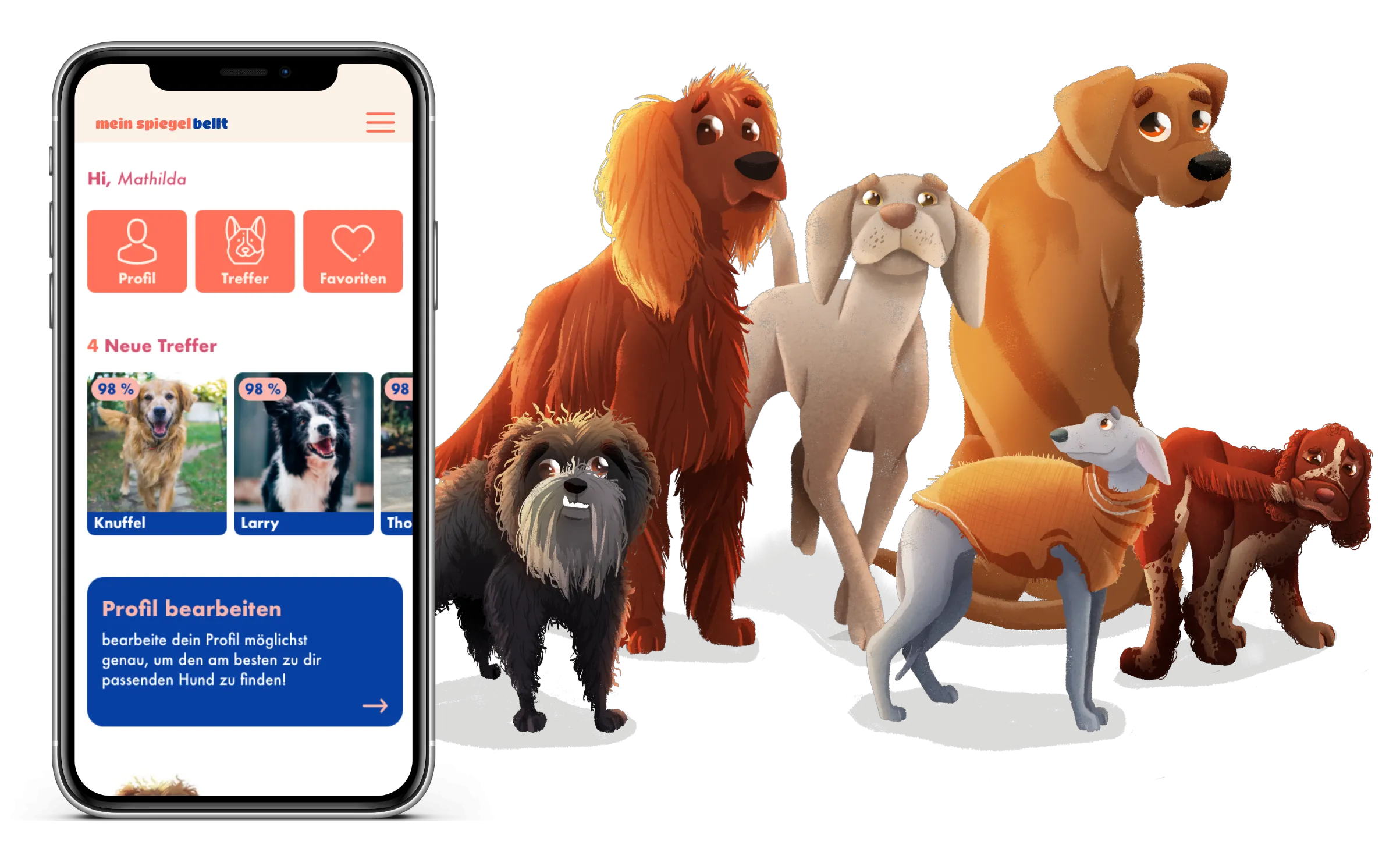 Mein SpiegelBellt Mockup - App zur Vermittlung von Tierheimhunden